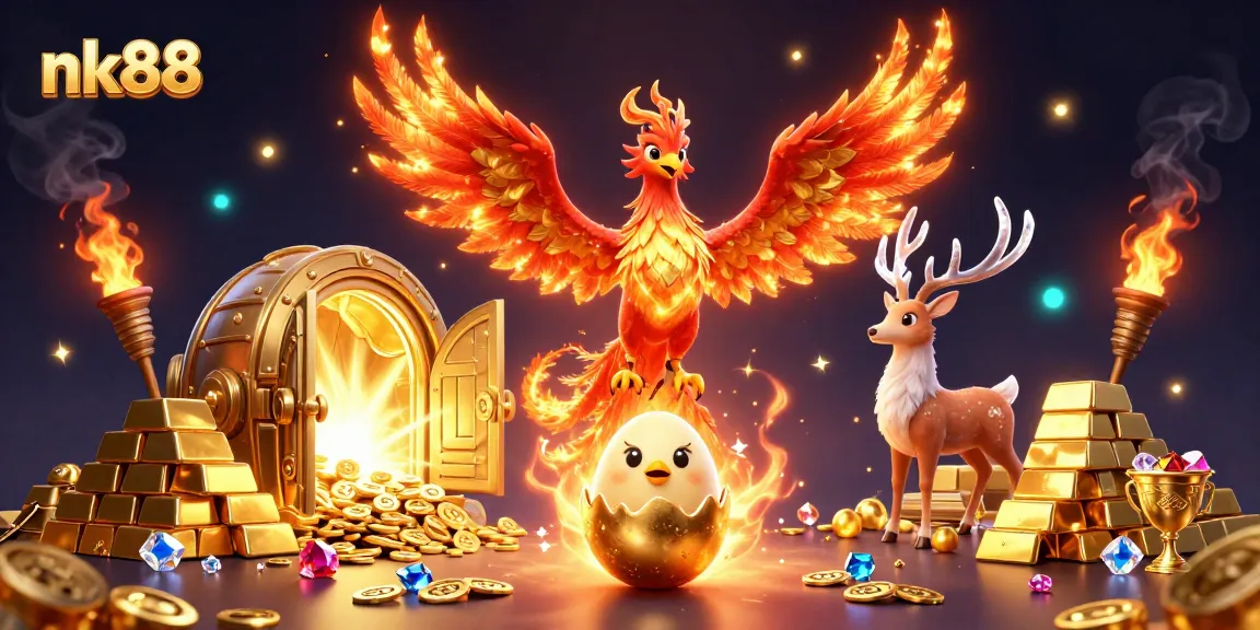 Experience the thrill of nk88 with a vivid depiction of a phoenix amidst gold treasures, symbolizing victory.