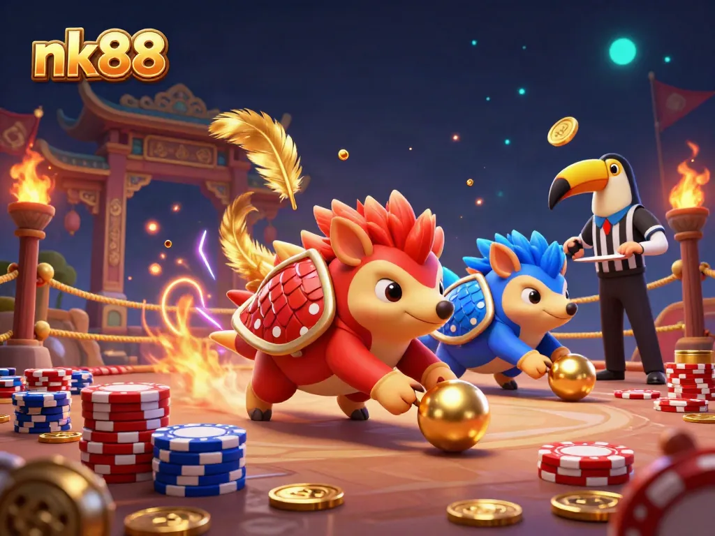 Experience thrilling nk88 gameplay with cartoon pangolins battling among vibrant poker chips.