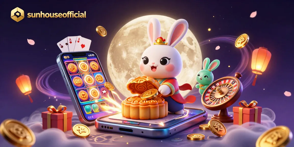 Experience exciting gaming at sunhouseofficial with a lively moon rabbit scene and dynamic slot game elements.