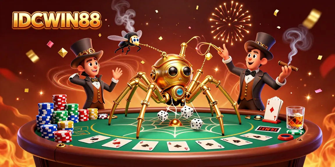 Engage in thrilling gameplay with IDCWIN88’s steampunk-themed casino illustration featuring a golden spider.