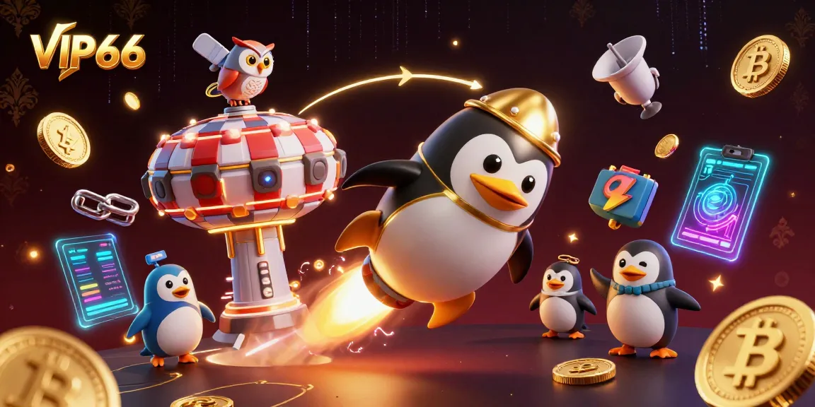 Experience the excitement of VIP66 with a rocket-powered penguin in an engaging casino-themed scene.