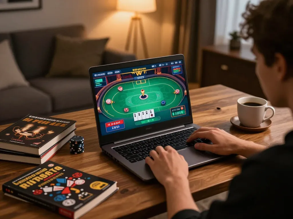 Engaging poker gameplay at home with xx88 interface visible on the laptop screen, warm lighting, and strategic notes