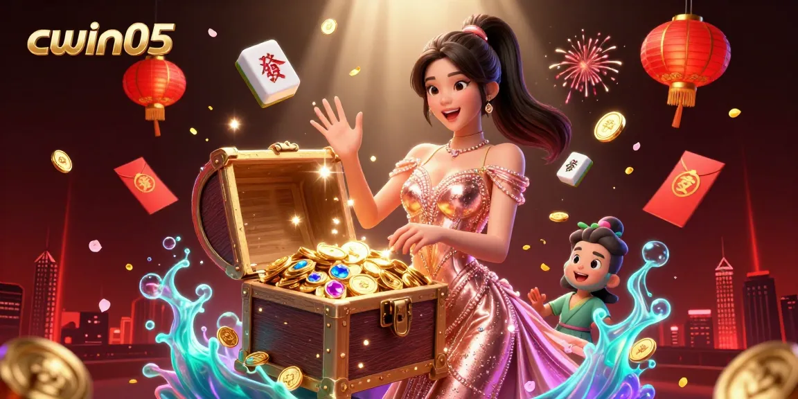 Activate pure excitement with cwin05 showcasing a joyful Asian woman surrounded by dazzling casino treasures.