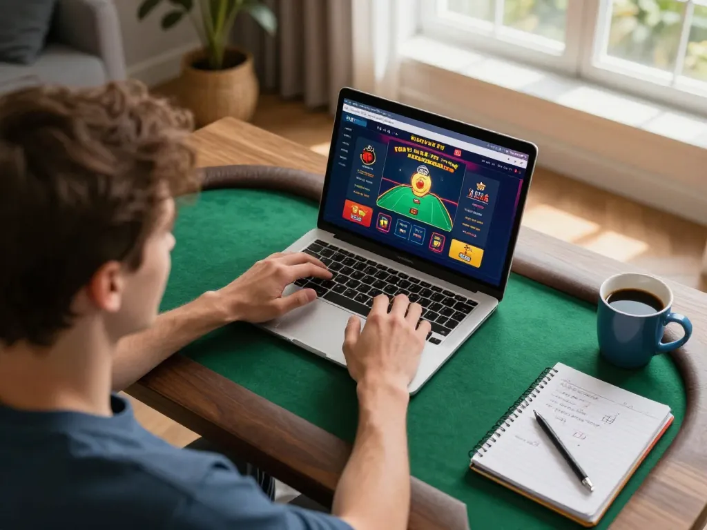 RR88 player engaging with poker game interface, showcasing home gaming setup with strategy notes.