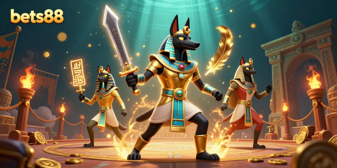 Experience action at bets88 with Anubis and Bastet amidst a vibrant casino scene.