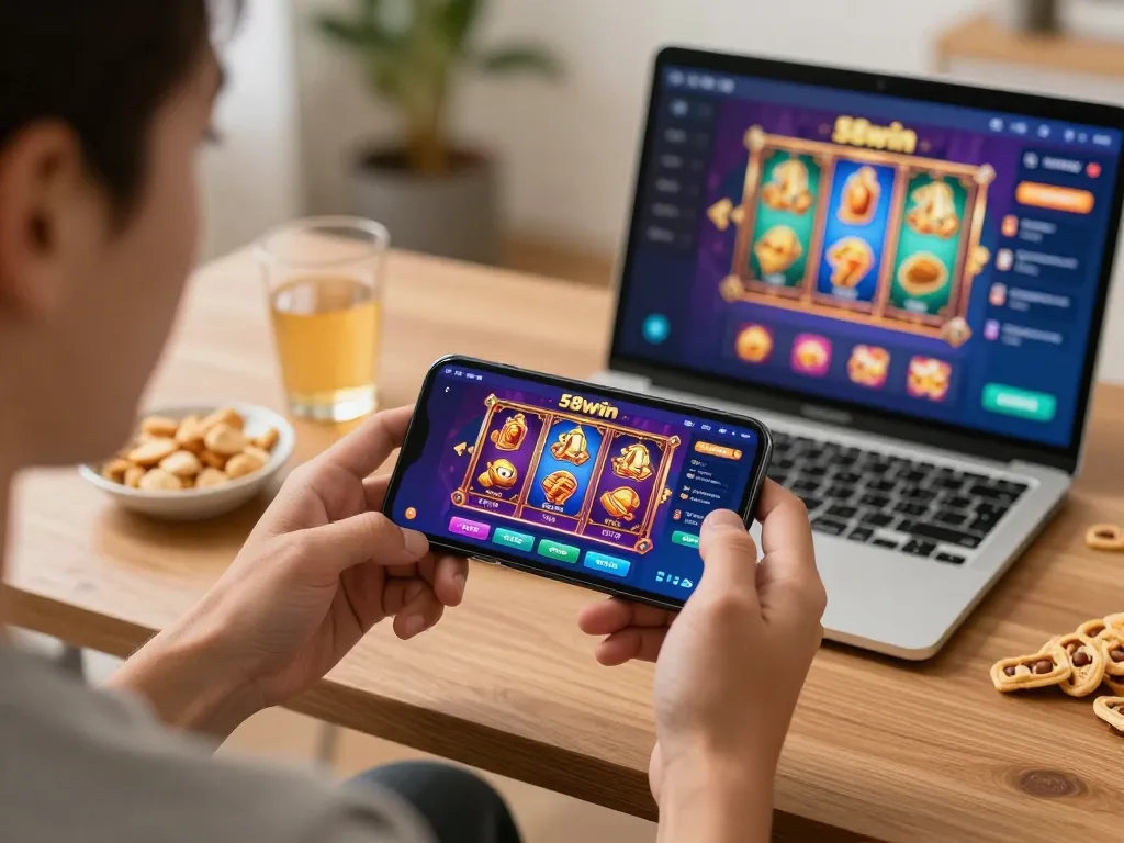 Player engaging with the 58wiin mobile app for an exciting online gaming experience at home.