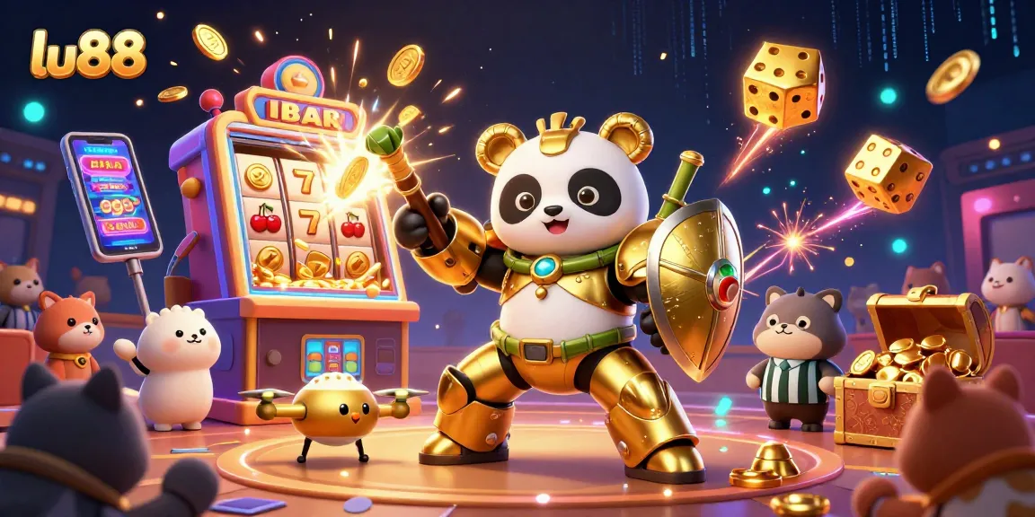 Experience thrilling gameplay with lu88's vibrant 3D casino illustration, featuring dynamic slot machine action.