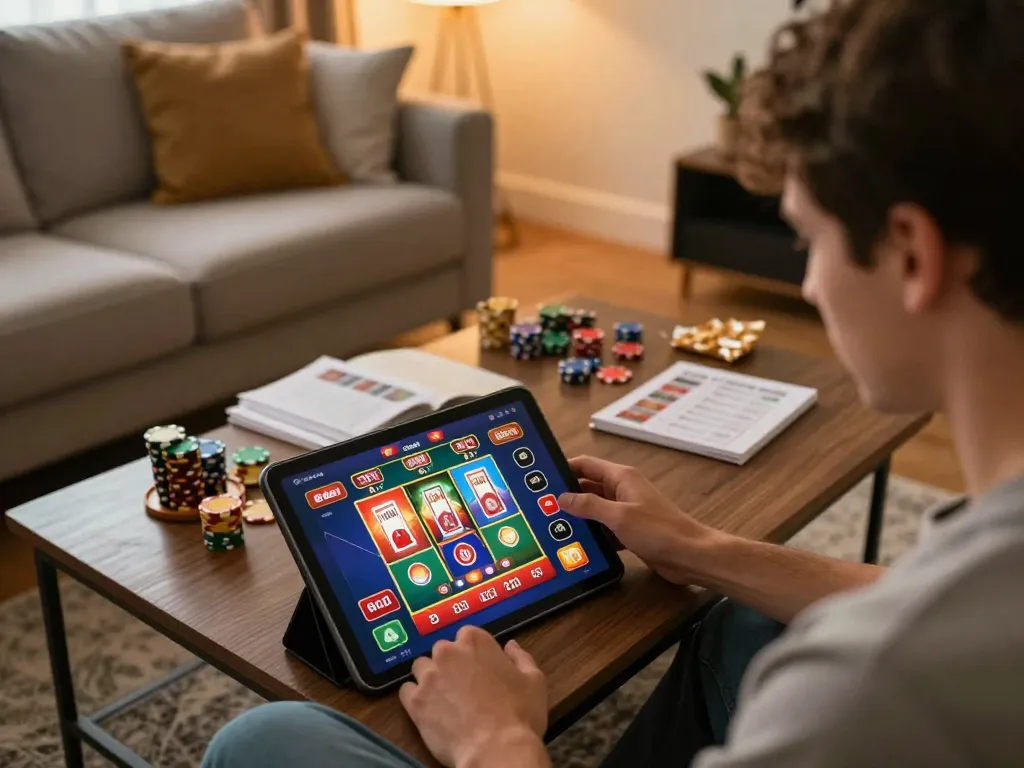 Player enjoying 8day online casino app on tablet in cozy living room setting, showcasing responsible gaming
