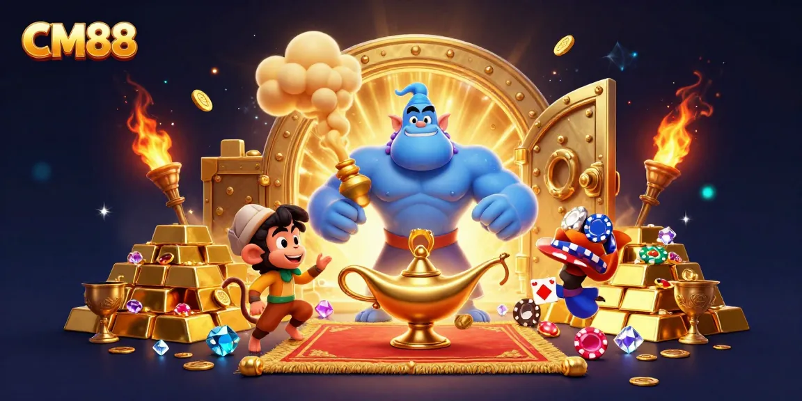 Experience thrilling gaming adventures with CM88 featuring an energetic genie and vibrant casino elements.