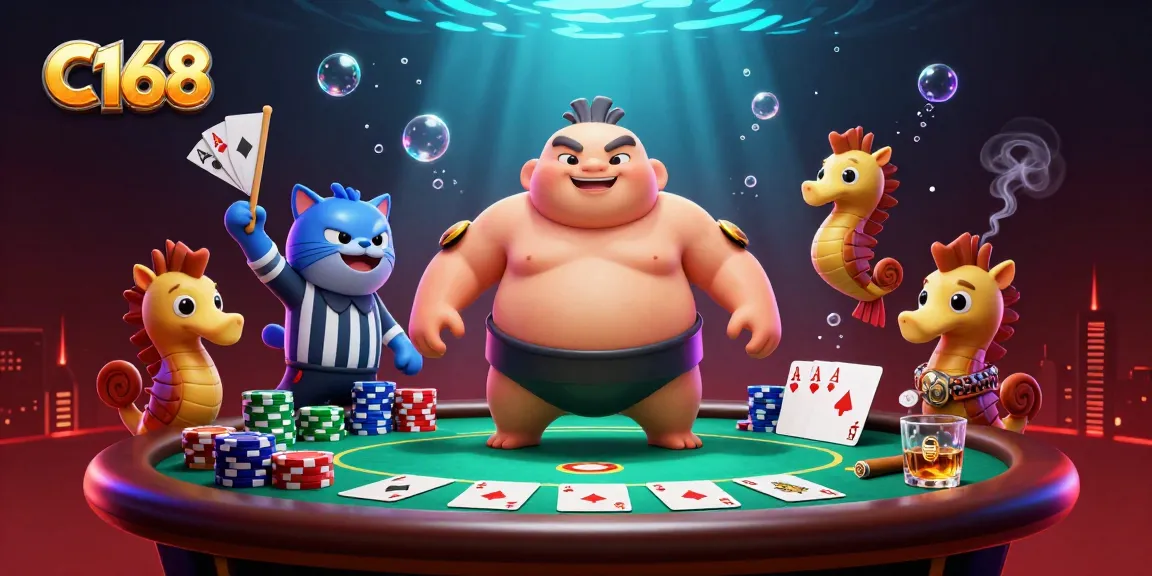 C168 brings a vibrant underwater poker scene with fugu, catfish referee, and lively spectators