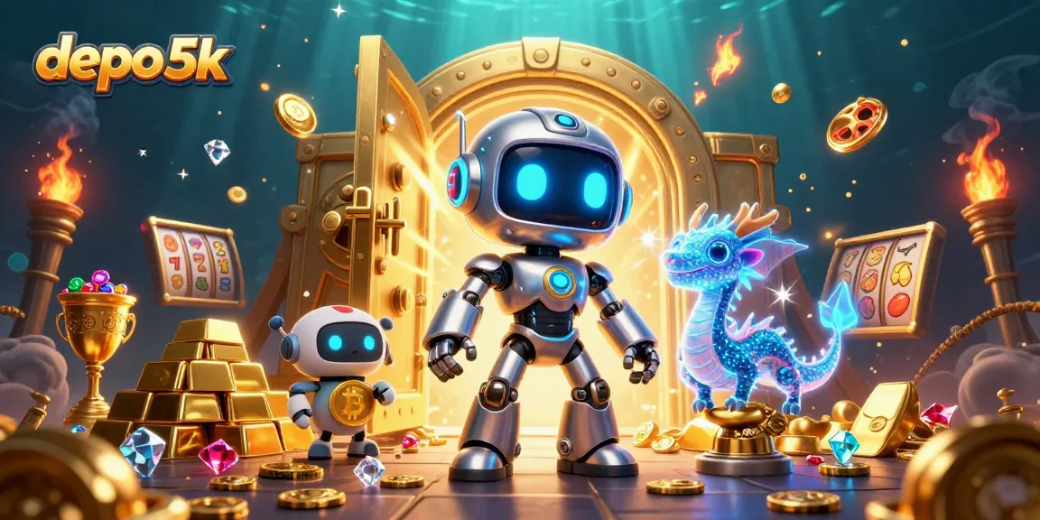 Play exciting games at depo 5k, featuring vibrant slot reels and unique treasures, with a stunning 3D illustration.