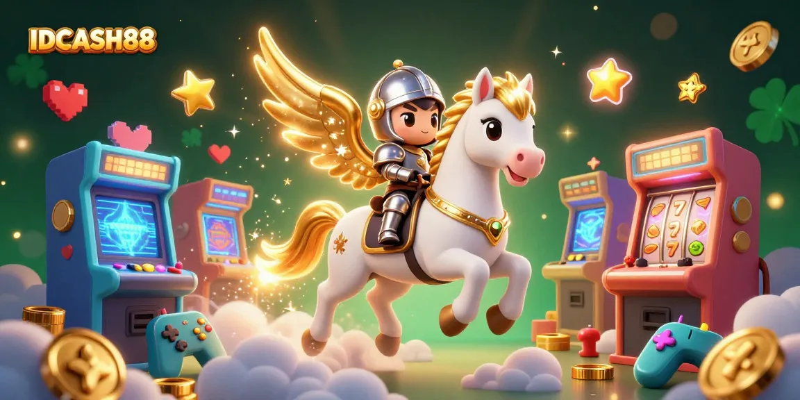 Engage in thrilling gameplay at IDCASH88 with a vibrant illustration of a celestial horse amidst casino elements.