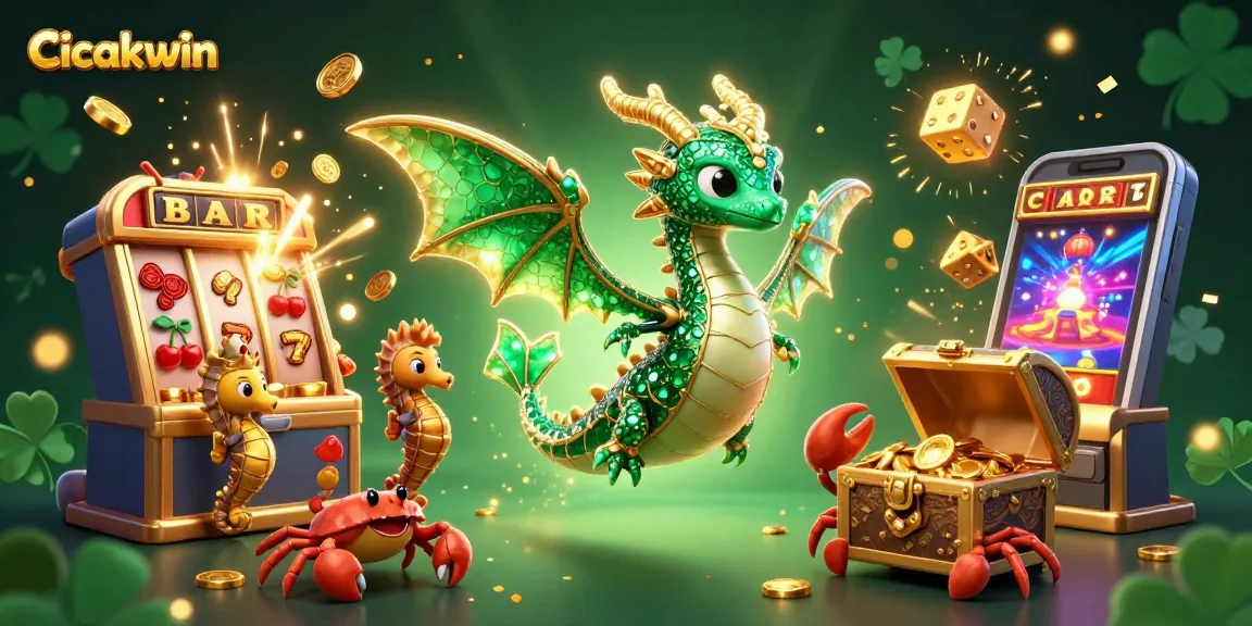 Cicakwin delights players with a vibrant 3D illustration showcasing emerald sea dragons amidst jackpot symbols and treasures.