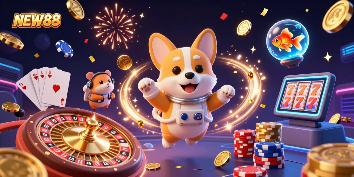 Experience thrilling games at NEW88 with this vibrant 3D casino illustration featuring exciting gaming elements.