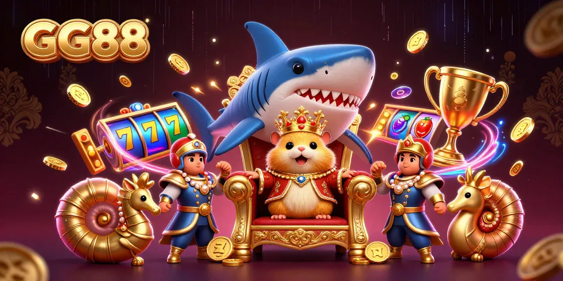 GG88 brings players a thrilling casino adventure with a golden hamster king seated on a megalodon throne.
