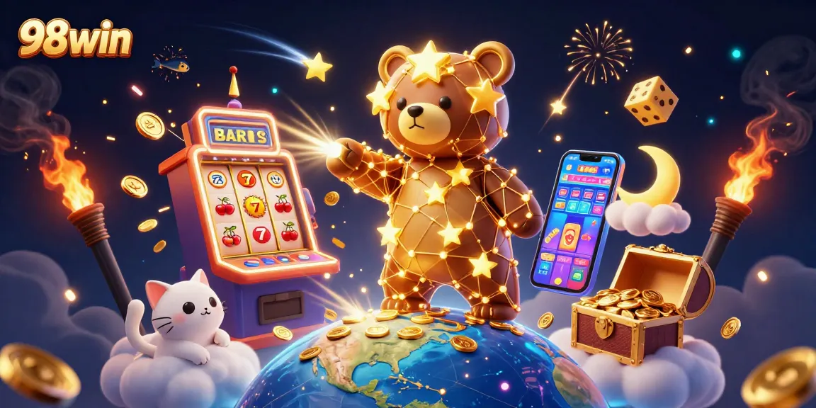 Experience the magic of 98win with vibrant stars and thrilling jackpots in this 3D casino scene.