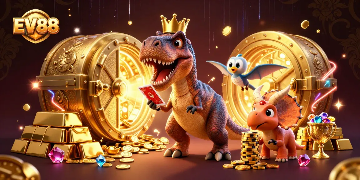 EV88 casino scene with T-Rex shuffling cards, pterodactyl helping, and triceratops stacking chips.