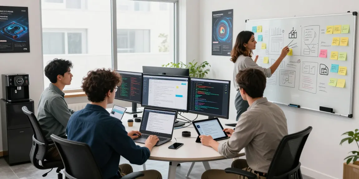 Team collaborating to build internal tools with AI in a modern workspace.