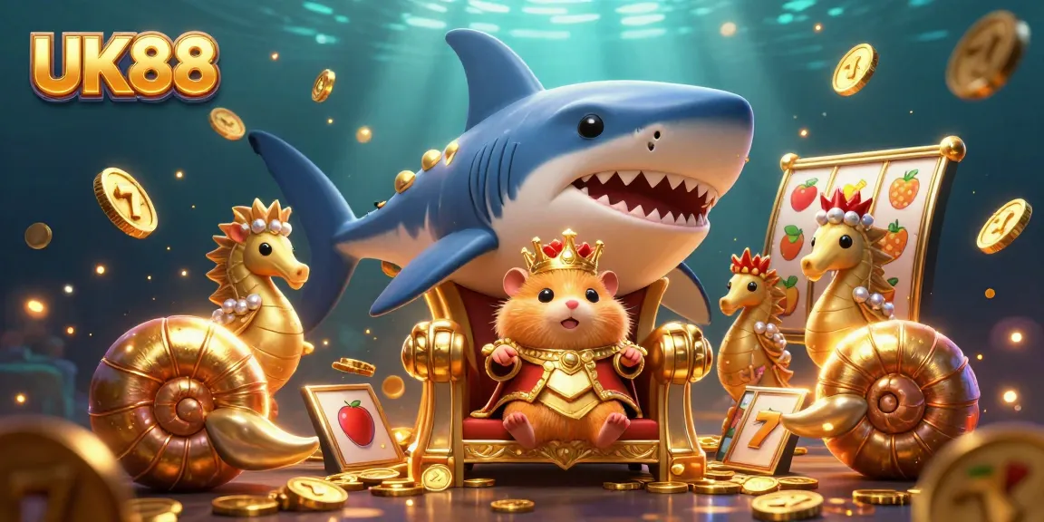 Spin to win with UK88's vibrant slot reels, showcasing dynamic 3D casino elements.