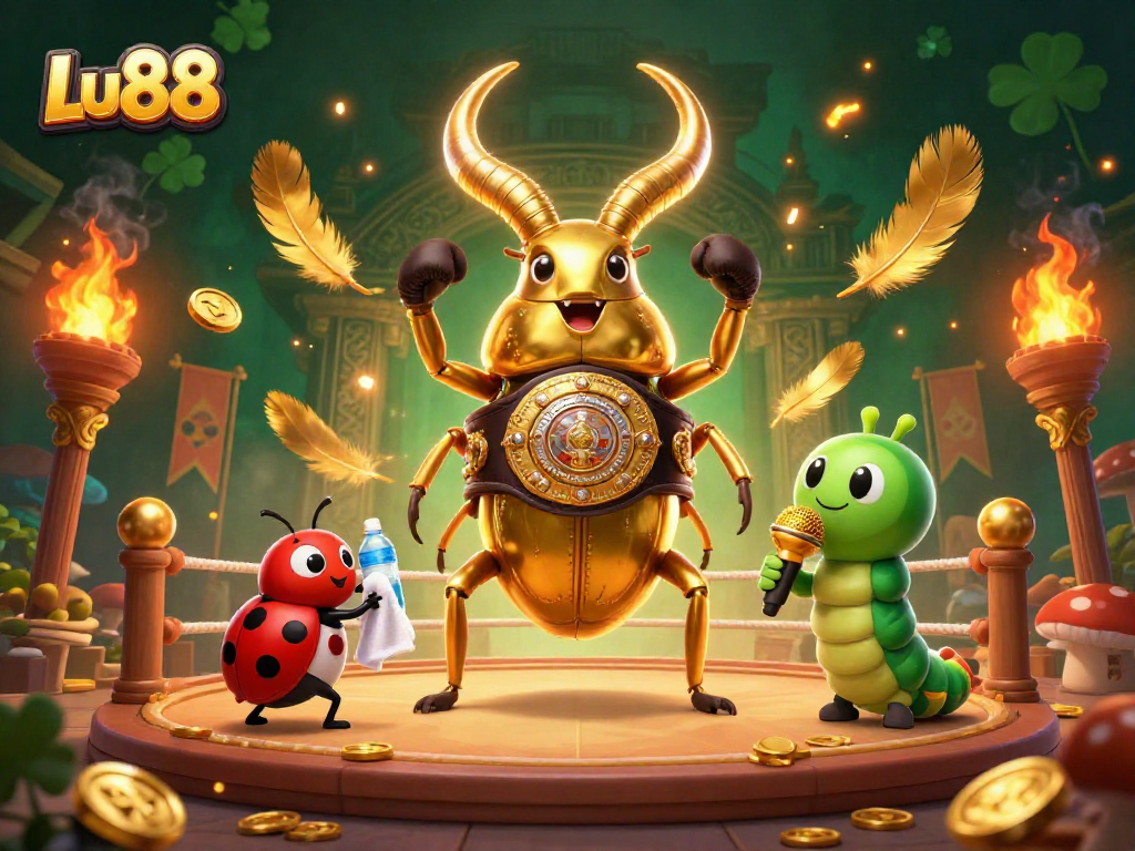 Engage with Lu88's thrilling gaming world, featuring a vibrant 3D beetle boxing match and dynamic casino elements.