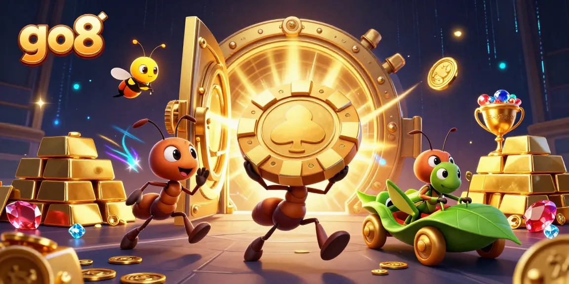 Engage in thrilling action with go8 as ants heist massive golden poker chips amidst a treasure-filled tunnel.