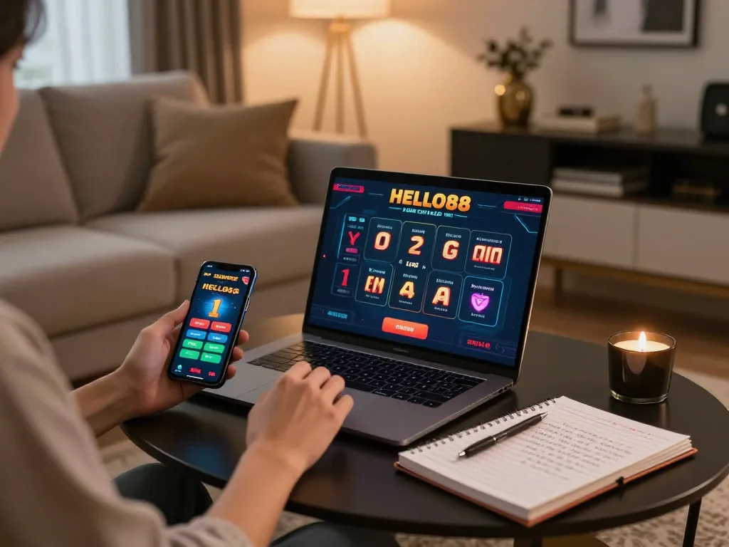Engaged player exploring HELLO88 casino app on laptop in cozy home setup.