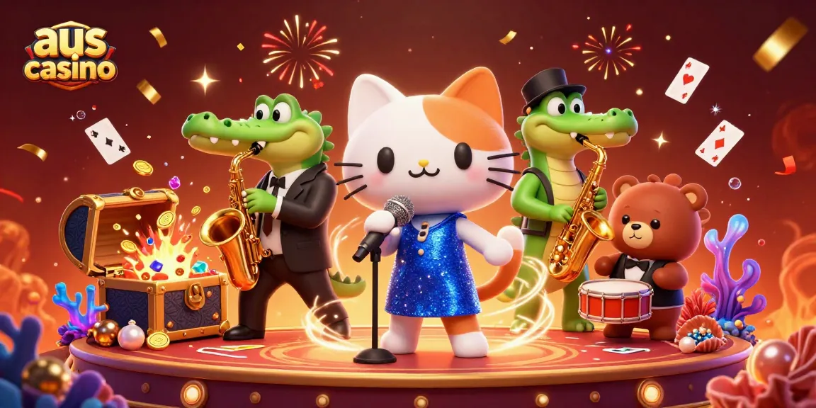 Experience the excitement of aus casino with a vibrant 3D illustration of a jazz singer cat, crocodile, and bear, celebrating wins.