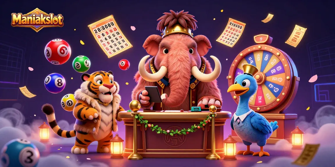 Join the action with Maniakslot's thrilling casino scene featuring a woolly mammoth bouncer, VIP guests, and lottery excitement.