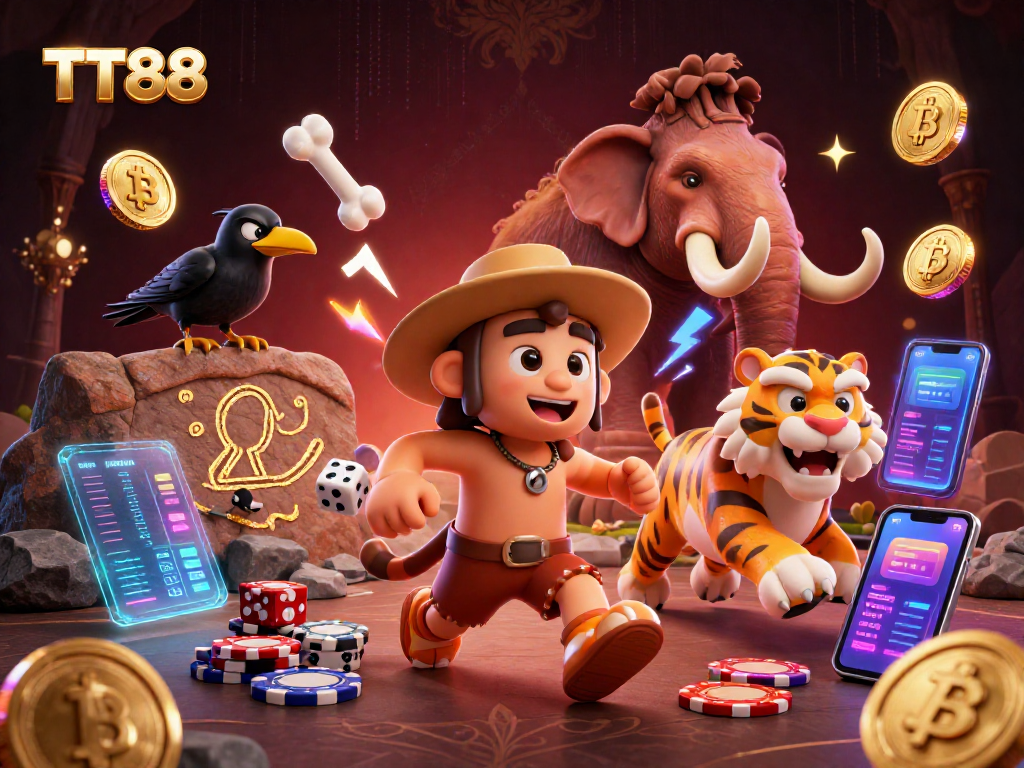 Join the excitement at TT88's prehistoric casino with epic gameplay action and bright, neon elements.