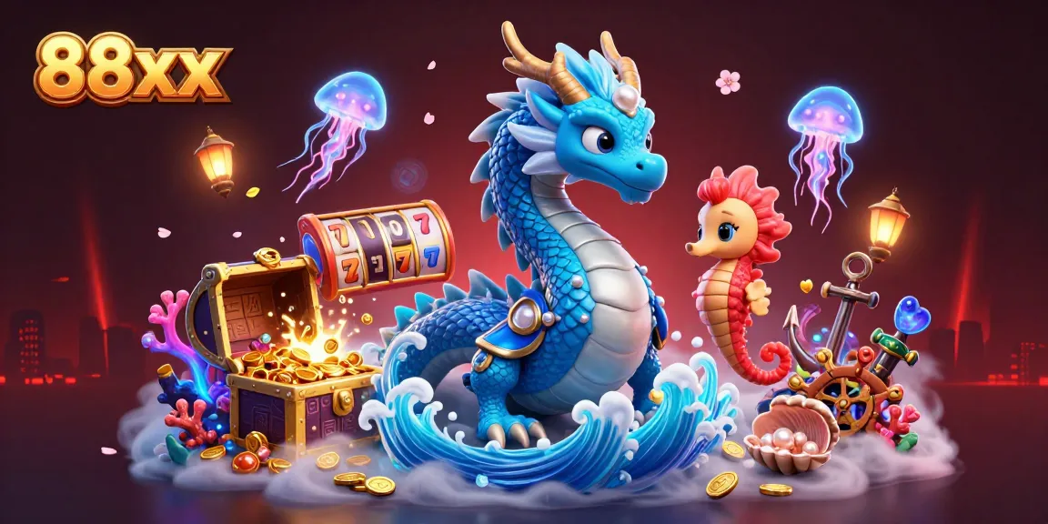 Experience thrilling slots with 88xx in a vibrant underwater casino scene featuring a dragon and seahorse.