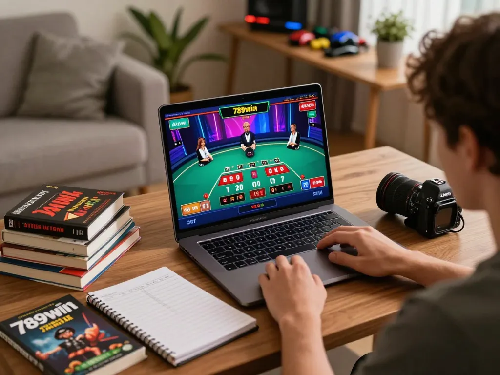 Playing live dealer blackjack on 789win, showcasing a dynamic home gaming setup with strategy notes and vibrant screen