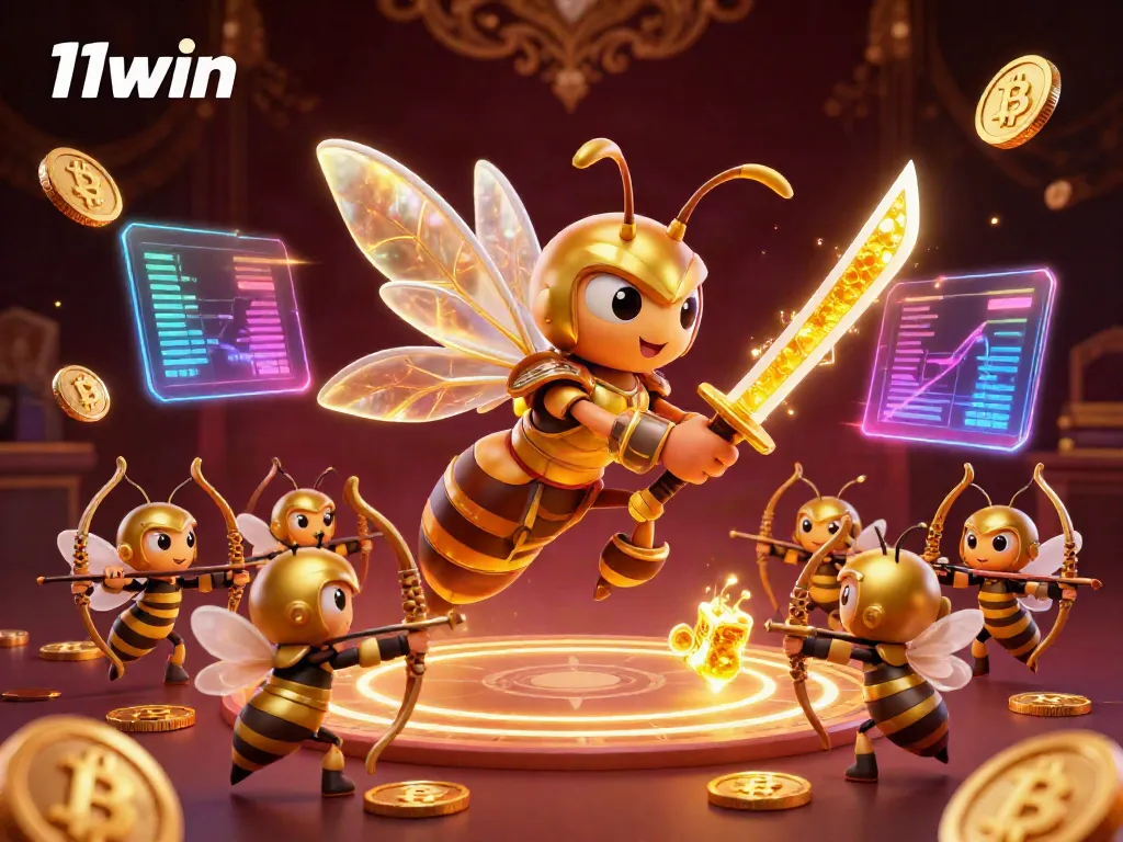 Play thrilling casino games like 11win with a vibrant scene full of golden hornets and crypto elements.