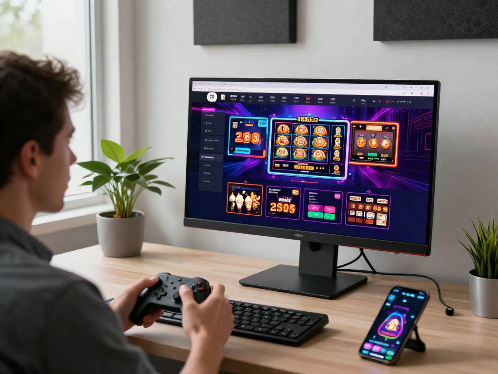 Giocatore di siti non AAMS davanti a un computer ad alta definizione, immerso in emozionanti giochi.