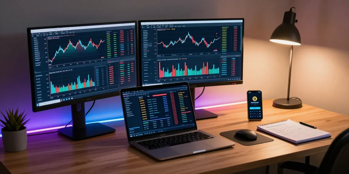 Funexchange trading workspace with cryptocurrency charts and blockchain dashboards in a modern office setup.