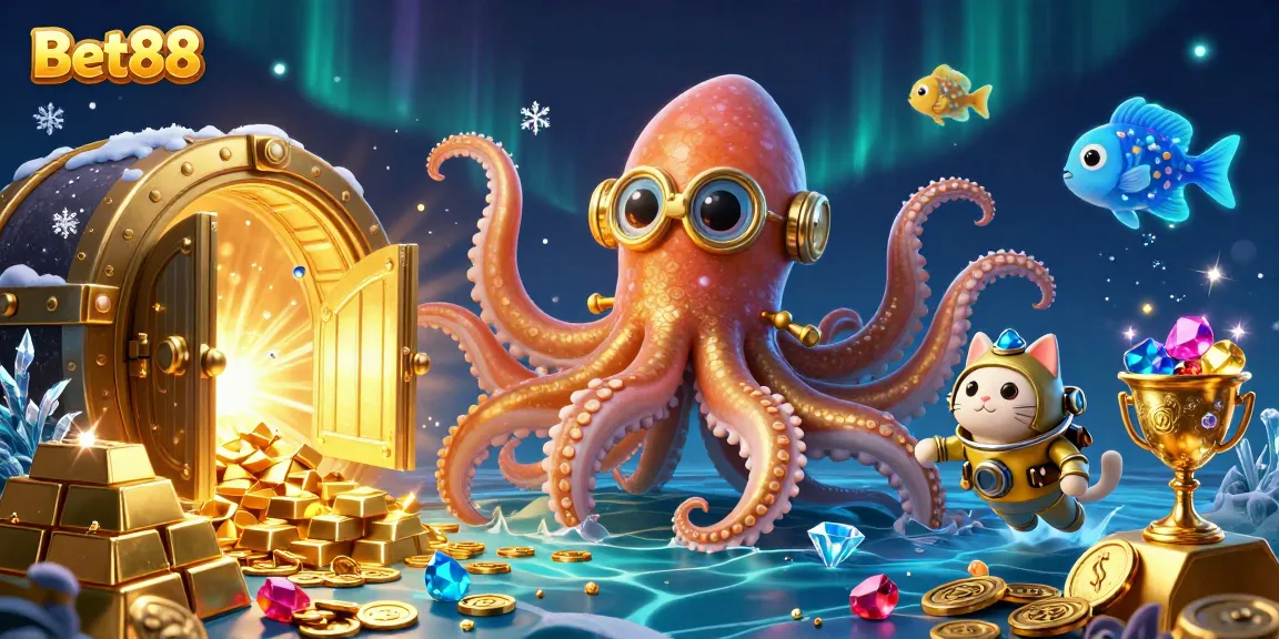 Engage with Bet88's exciting games, featuring a kraken, diving cat, and treasures in a 3D ocean.