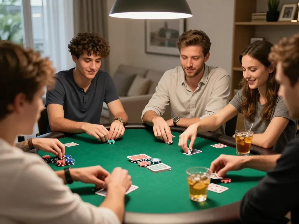 Nohu90 players enjoying an exciting poker game at home with chips and cards visible
