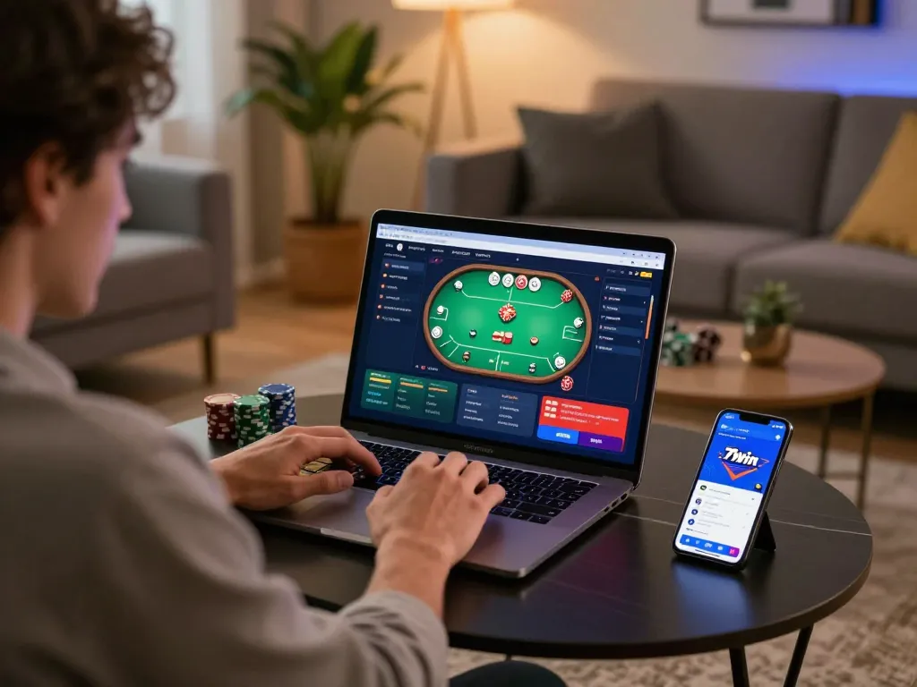 Player analyzing poker strategies using the 79win app in a cozy home setting.