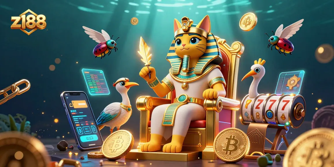 Spin and win big with z188 in a vibrant 3D casino depiction showcasing Egyptian elements and crypto coins.