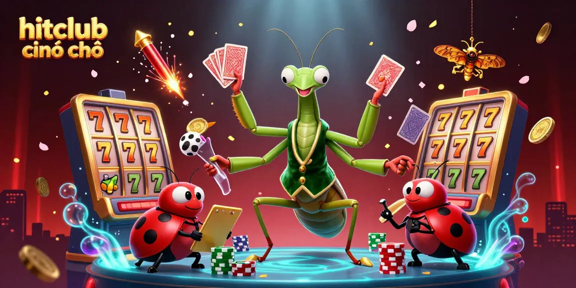 Experience the vibrant action of hitclub chính chủ, with a unique giant mantis dealer serving cards in a dazzling casino scene.