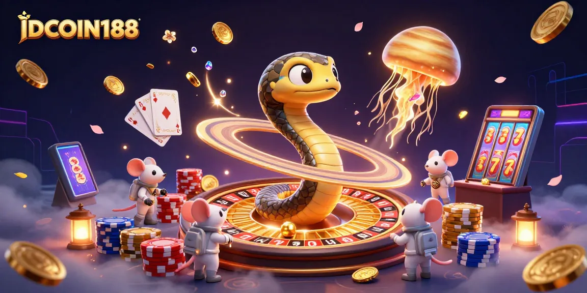 Experience thrilling gameplay with IDCOIN188's vibrant scene showcasing a cosmic roulette and slot adventures