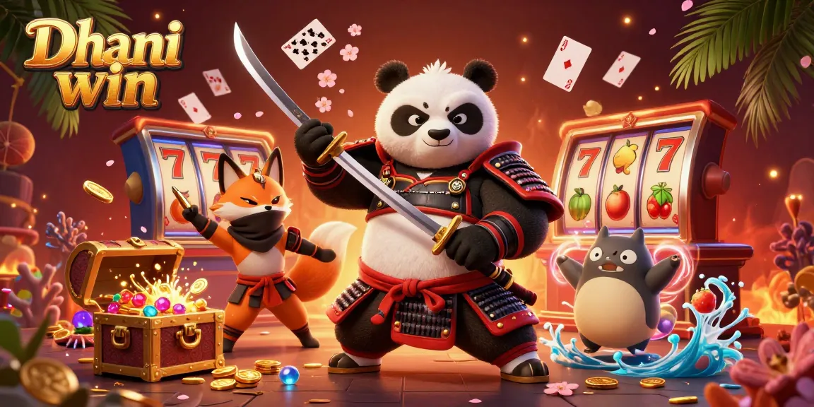 Dhani win samurai panda and ninja fox in a vibrant casino setting, featuring dynamic slot game elements and exciting visuals.
