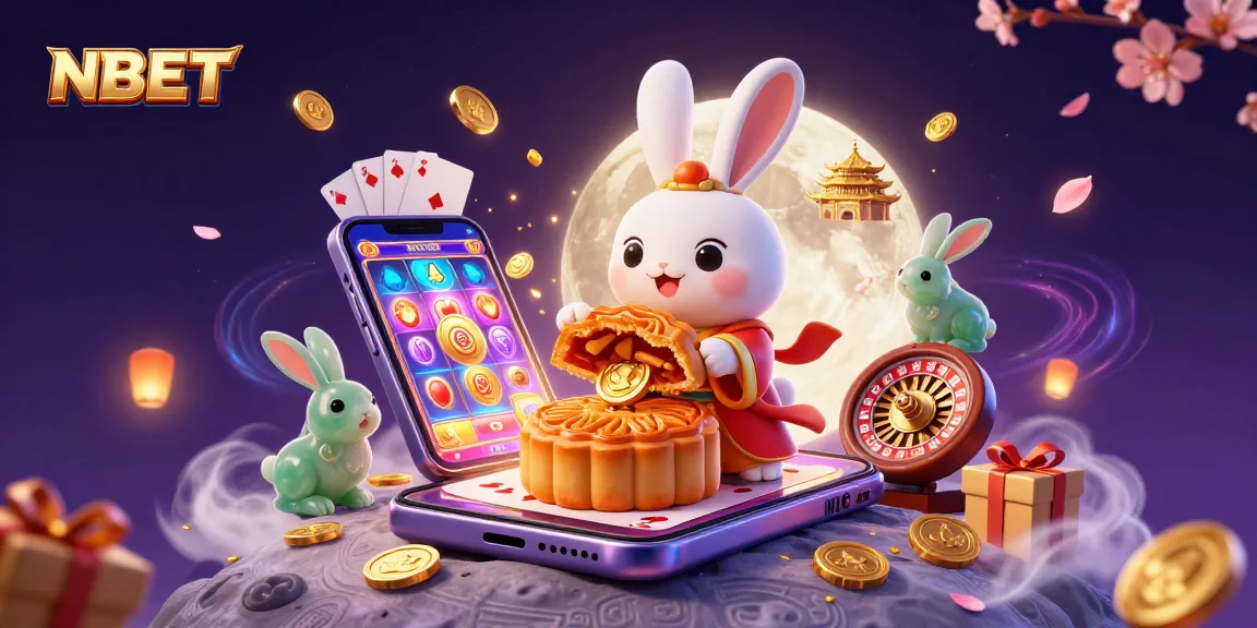 Engage in NBET gaming with the moon rabbit pounding mooncakes revealing poker chips amidst dynamic casino elements.