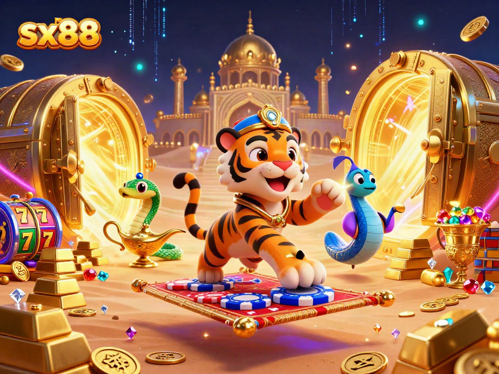 Experience thrilling sx88 casino excitement with a vibrant 3D illustration of a tiger sultan on a flying carpet.