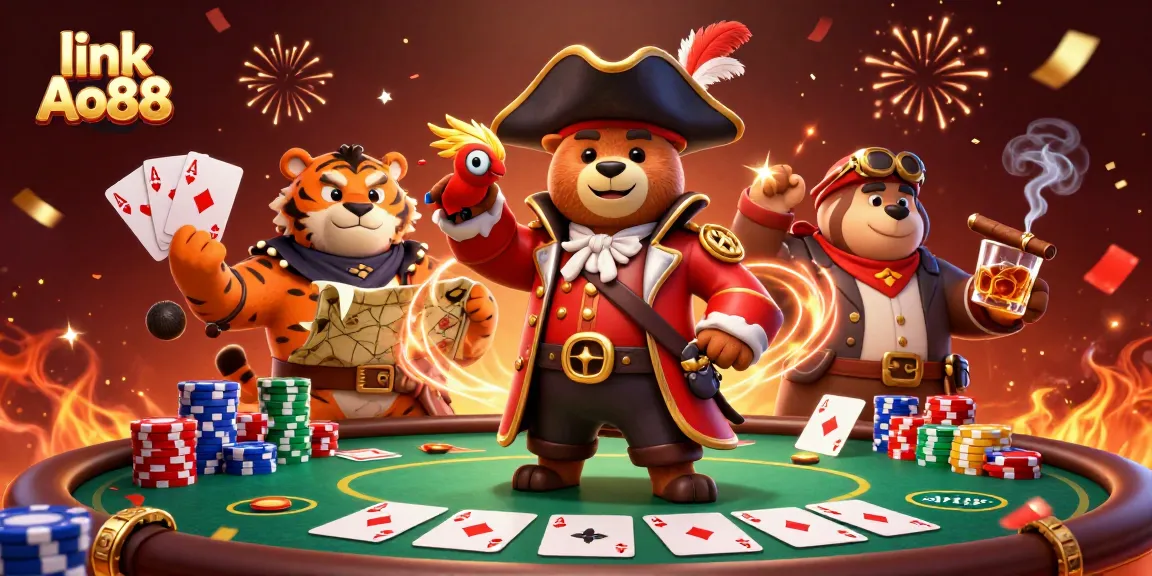 Bet on link Ao88 with 3D pirate captain bear, tiger first mate, and vibrant casino elements.