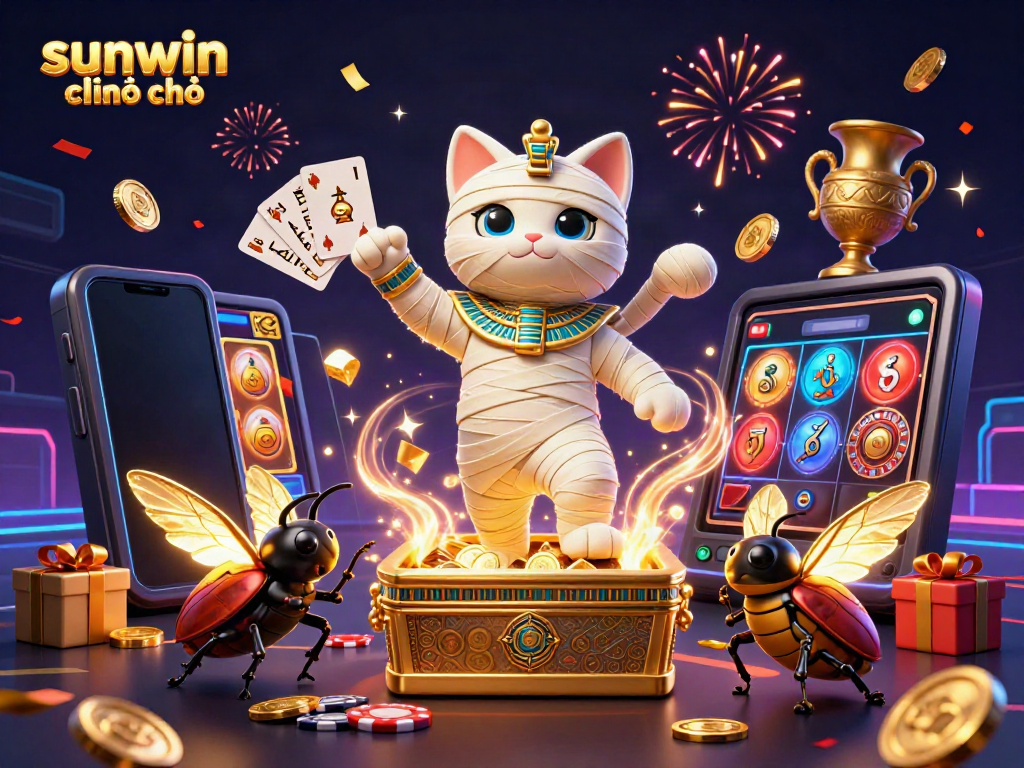 Experience thrilling gameplay at sunwin chính chủ with a dynamic casino scene featuring a mummy cat and golden gaming elements.