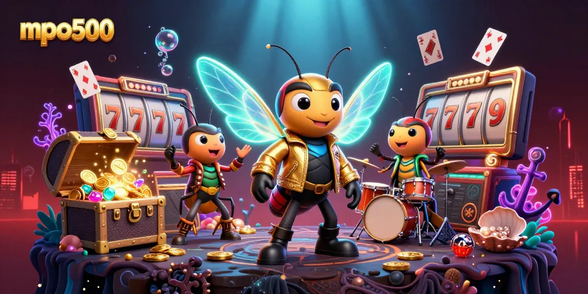 MPO500 showcases a vibrant casino scene with a rock star cicada, highlighting thrilling slots and jackpots.