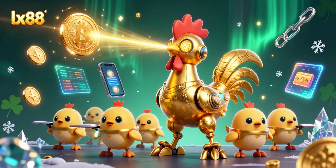 Engage with lx88's vibrant online casino games featuring golden rooster robot unleashing laser beams.