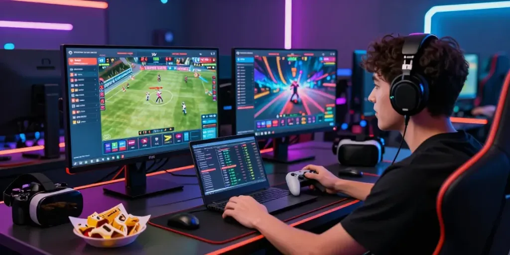 Engaged player enjoying FABET online gaming with dynamic betting visuals and vibrant gaming setup.