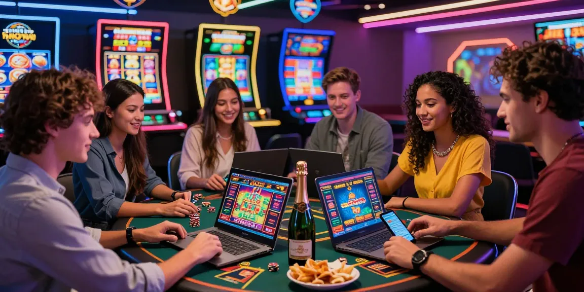 Enjoying online casino games with friends at https://jumpspace.org.uk, showcasing vibrant games, snacks, and a lively atmosphere.