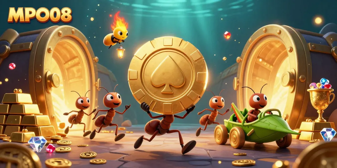 MPO08 invites players to join an epic heist with ants carrying massive poker chips in an enchanting casino scene.